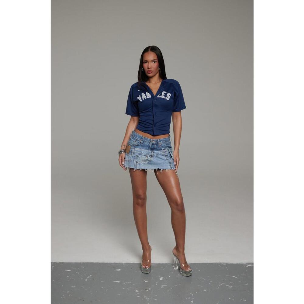 Trendy Blue Distressed Mini Skirt